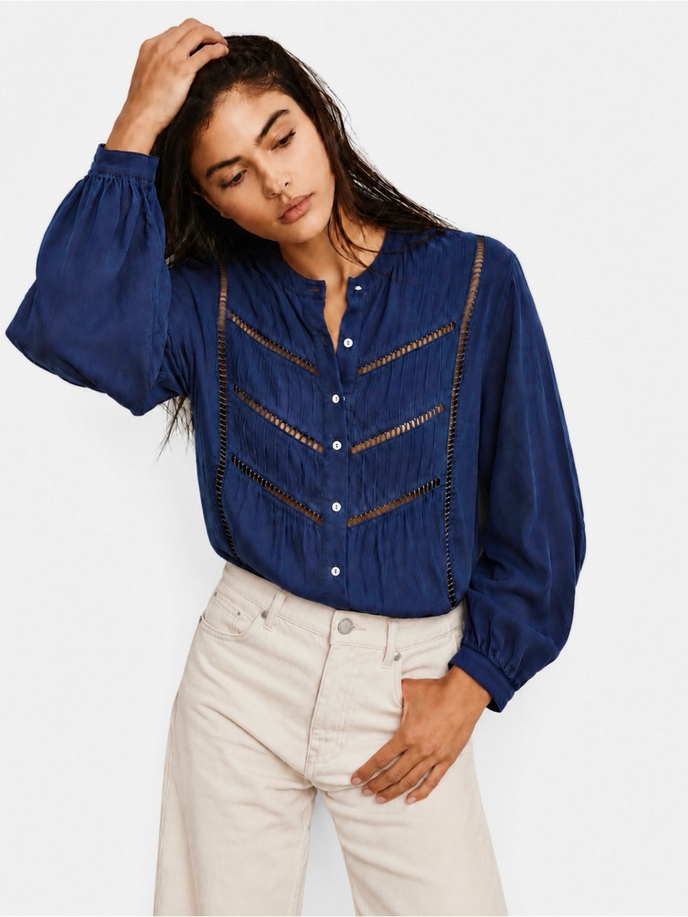 NWT Maye Paloma Cotton Button-Up Pintuck Shirt in French Navy | Size XS (US 2-4)
